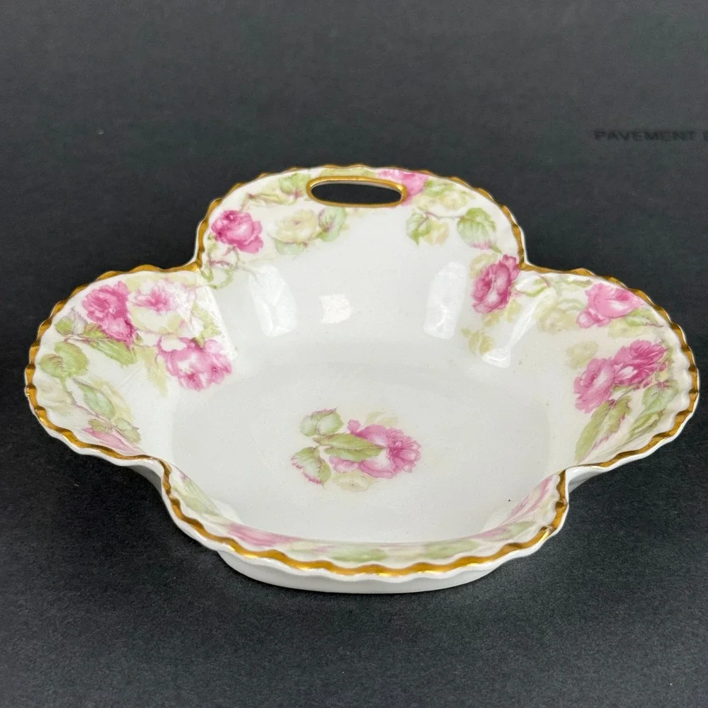 Haviland France Porcelain Floral Dish Pink Rose Scalloped Gold Rim Handle
